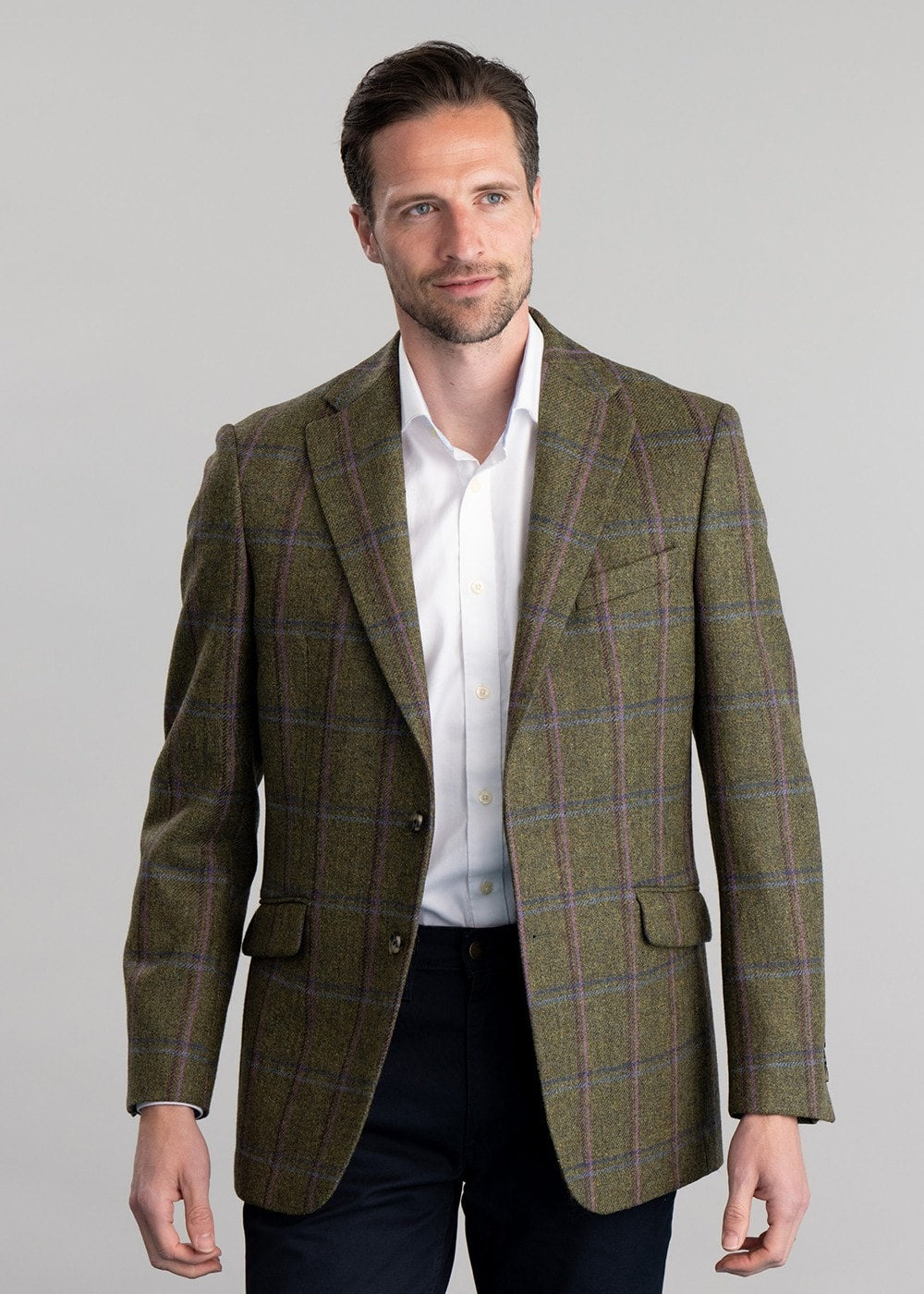 Alnmouth Tweed Jacket - Moss Green with Navy and Burgundy Check - 3