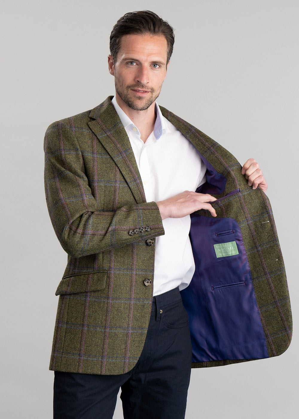 Alnmouth Tweed Jacket - Moss Green with Navy and Burgundy Check - 5