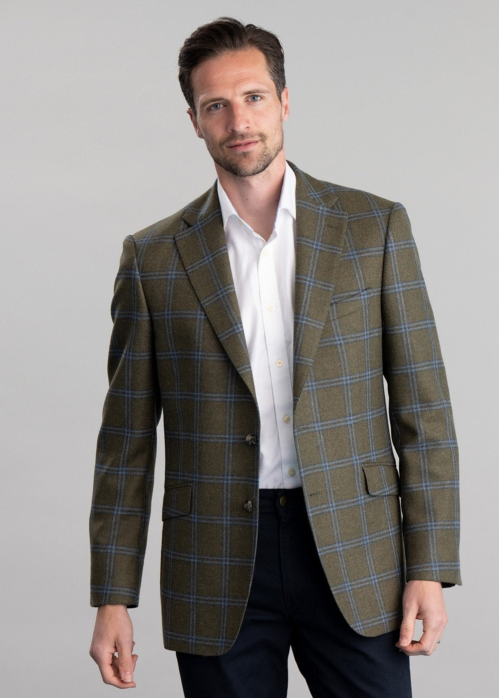 Amble Tweed Jacket - Olive with Sky Blue and Navy Check - 3