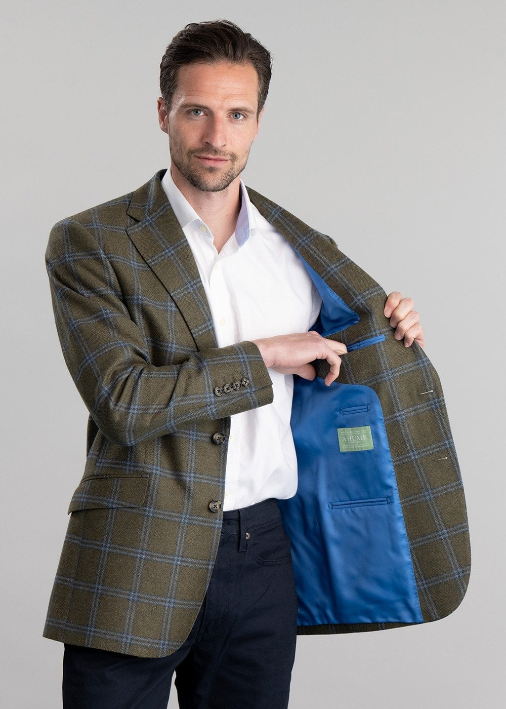 Amble Tweed Jacket - Olive with Sky Blue and Navy Check - 5