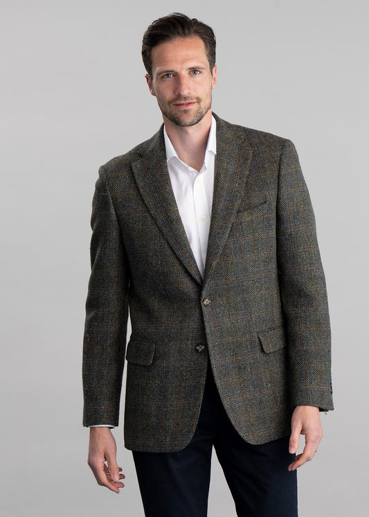 Belford Harris Tweed Jacket - Olive Herringbone with Sienna, Rust and Blue Check - 1