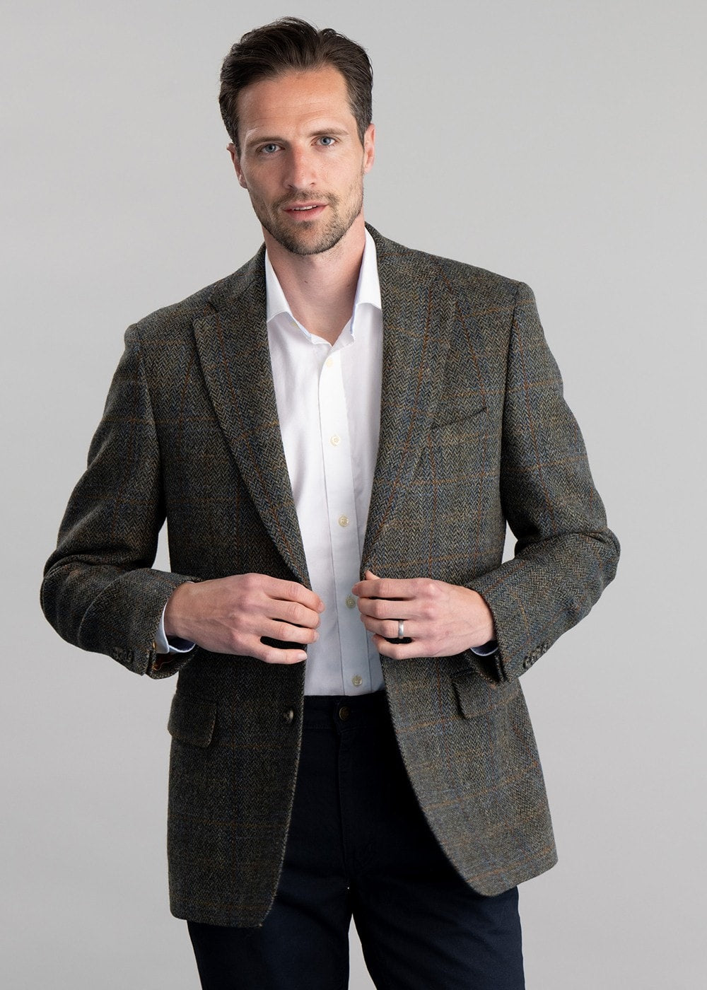 Belford Harris Tweed Jacket - Olive Herringbone with Sienna, Rust and Blue Check - 4