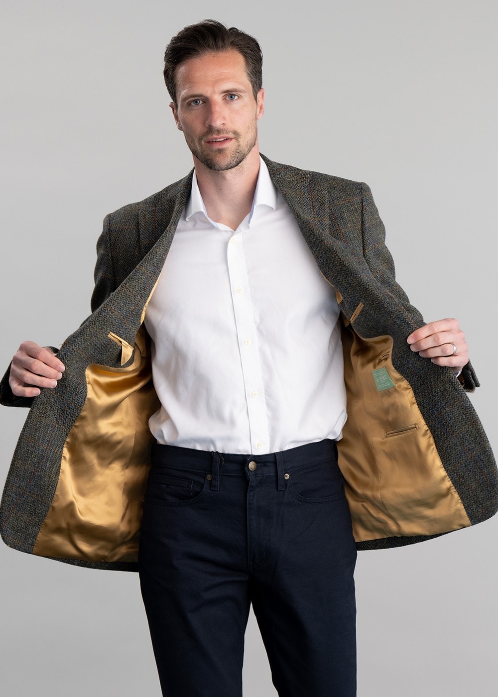 Belford Harris Tweed Jacket - Olive Herringbone with Sienna, Rust and Blue Check - 3