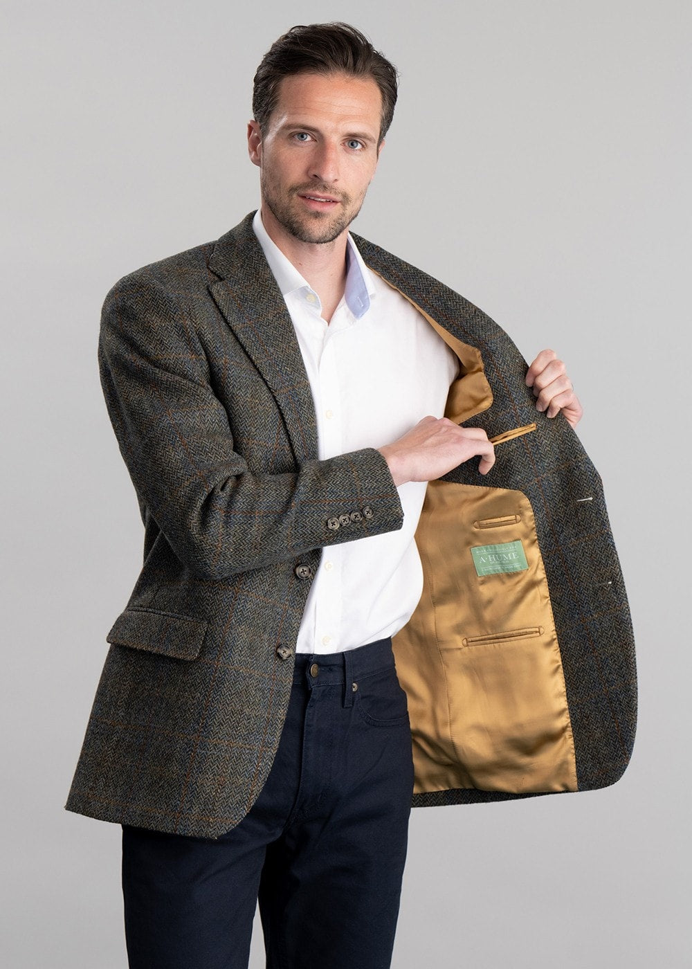 Belford Harris Tweed Jacket - Olive Herringbone with Sienna, Rust and Blue Check - 6