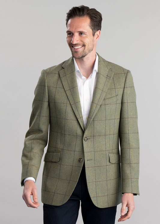 Belsay Tweed Jacket - Lovat with Mid Blue and Burgundy Check - 1