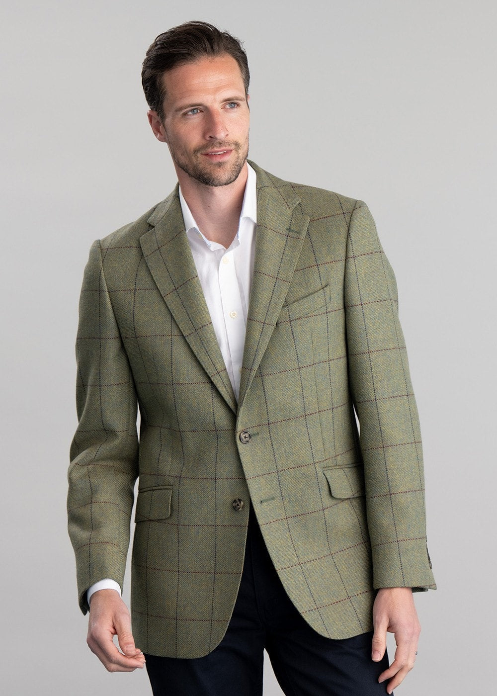 Belsay Tweed Jacket - Lovat with Mid Blue and Burgundy Check - 3