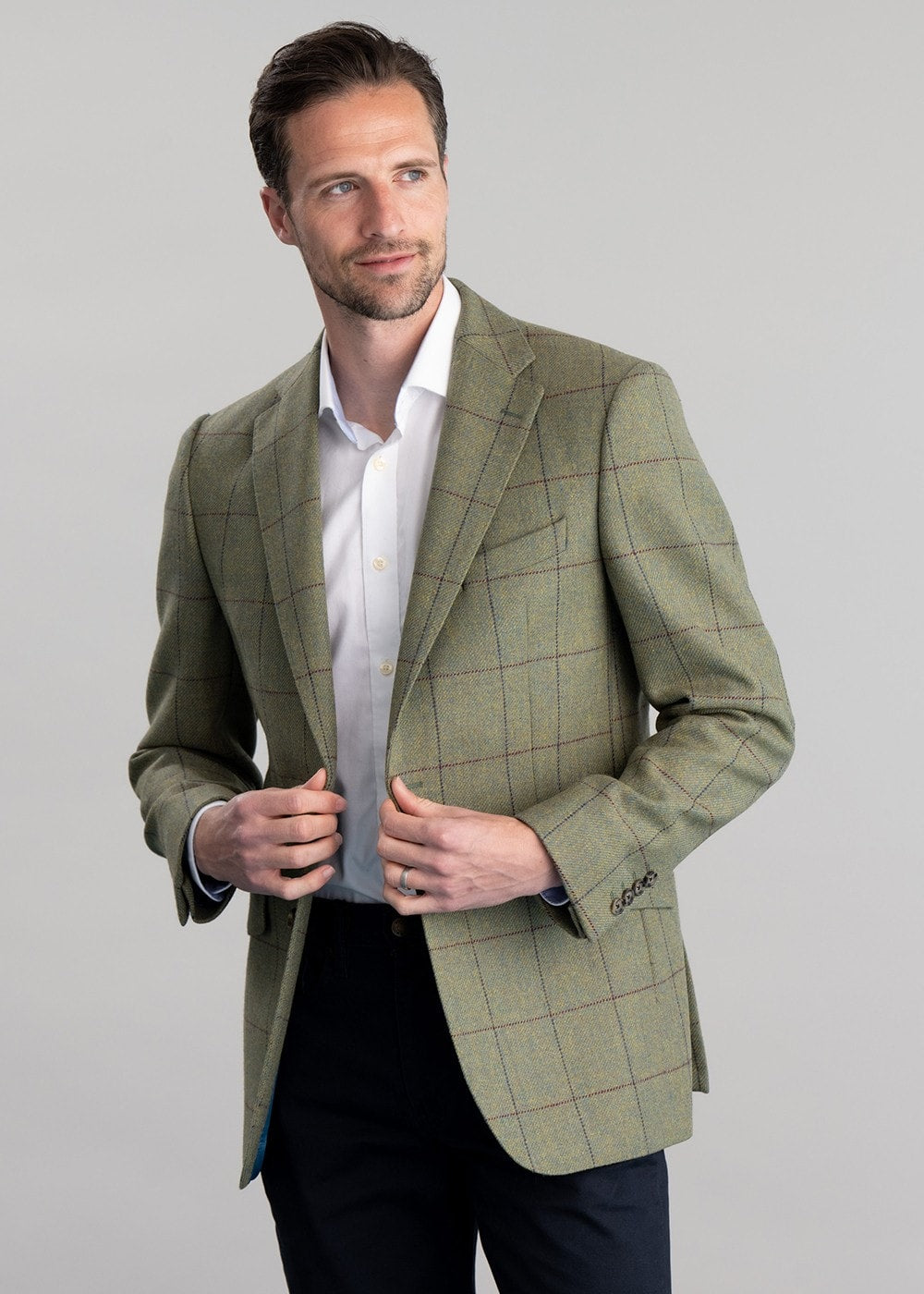 Belsay Tweed Jacket - Lovat with Mid Blue and Burgundy Check - 4