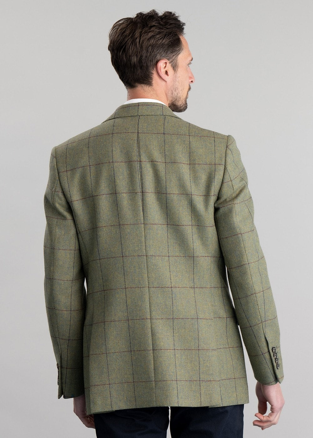 Belsay Tweed Jacket - Lovat with Mid Blue and Burgundy Check - 5