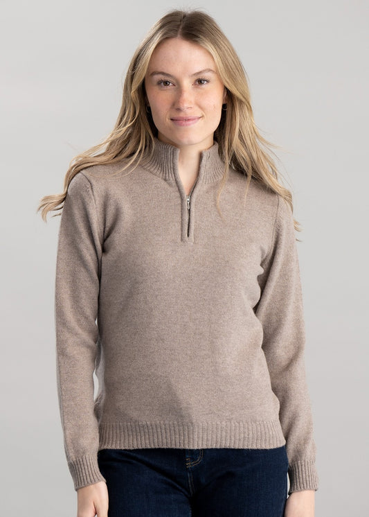 Lindsey Lambswool Zip Neck - Mushroom with Autumn Gold - 1