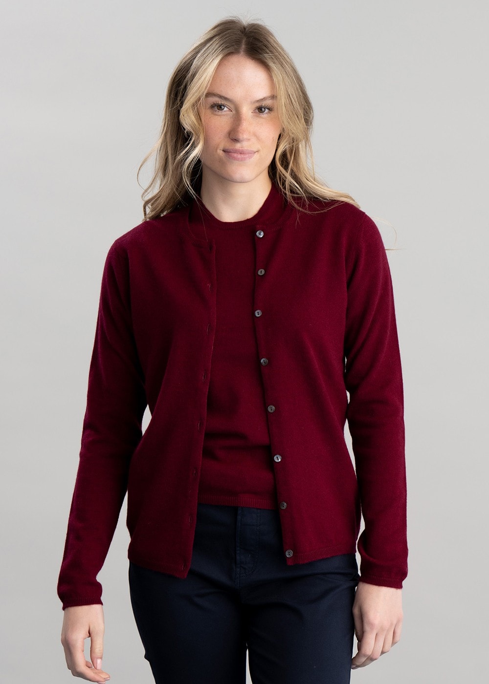 Millie Cashmere High Button Cardigan - Claret - 1