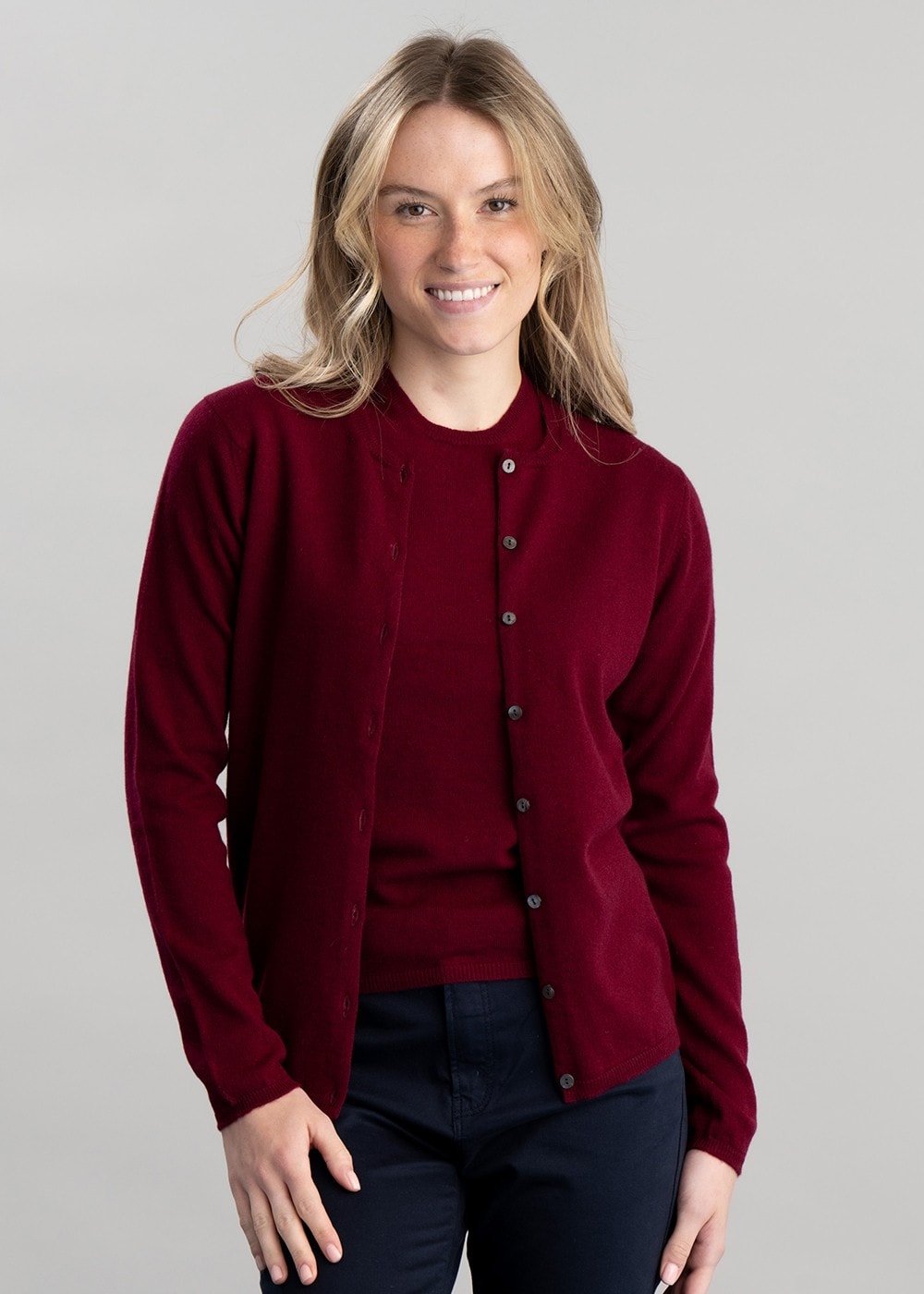 Millie Cashmere High Button Cardigan - Claret - 2