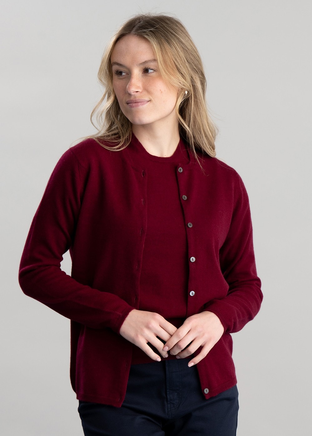 Millie Cashmere High Button Cardigan - Claret - 3