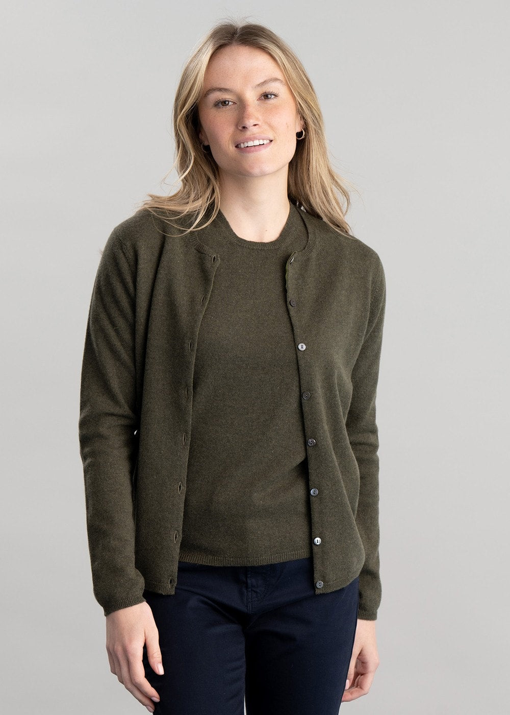 Millie Cashmere High Button Cardigan - Loden Mix - 2