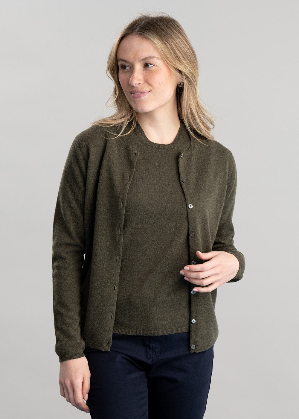 Millie Cashmere High Button Cardigan - Loden Mix - 3