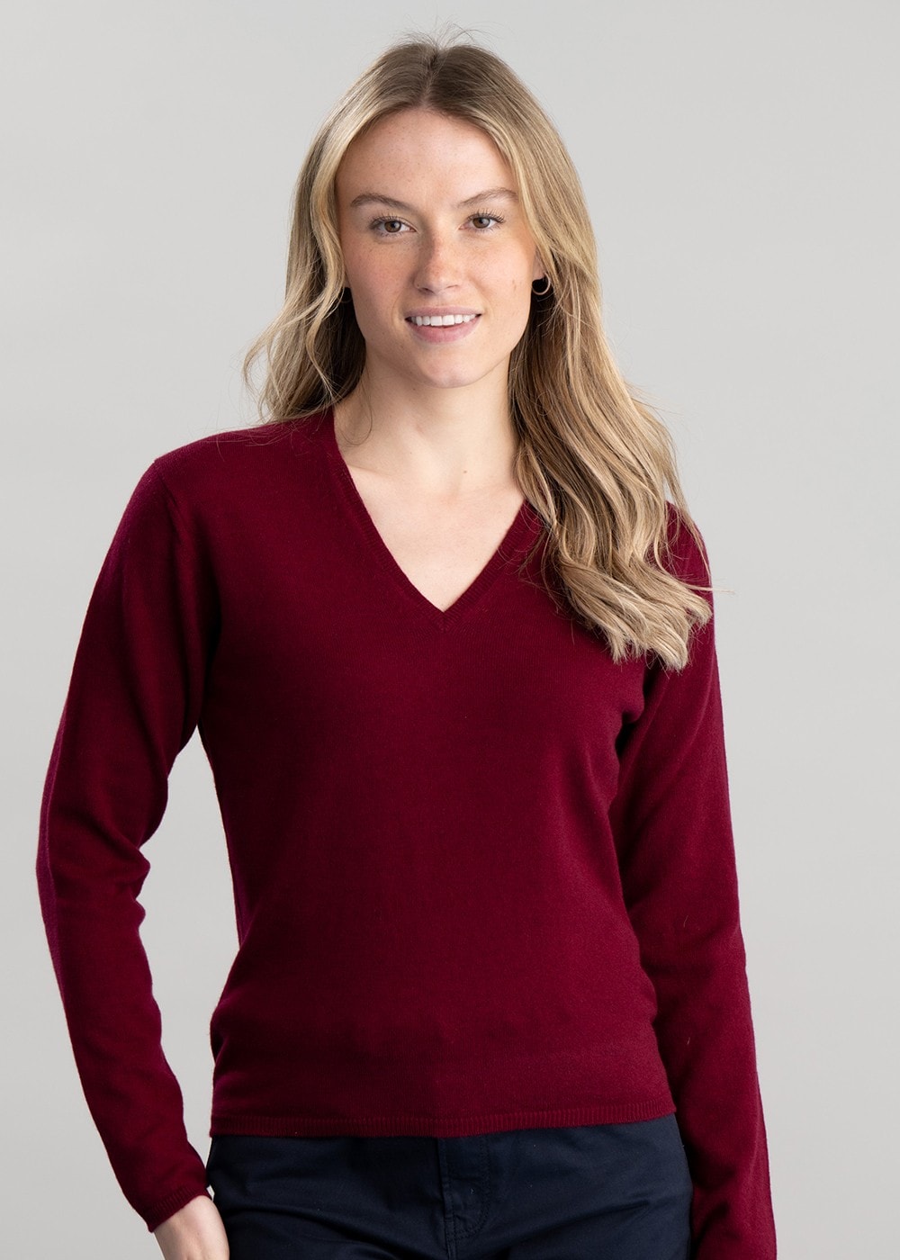 Millie Cashmere Vee Neck - Claret - 1