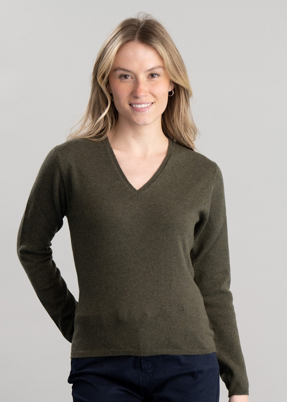 Millie Cashmere Vee Neck - Loden Mix - 1