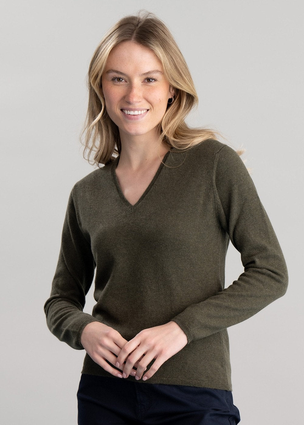 Millie Cashmere Vee Neck - Loden Mix - 3