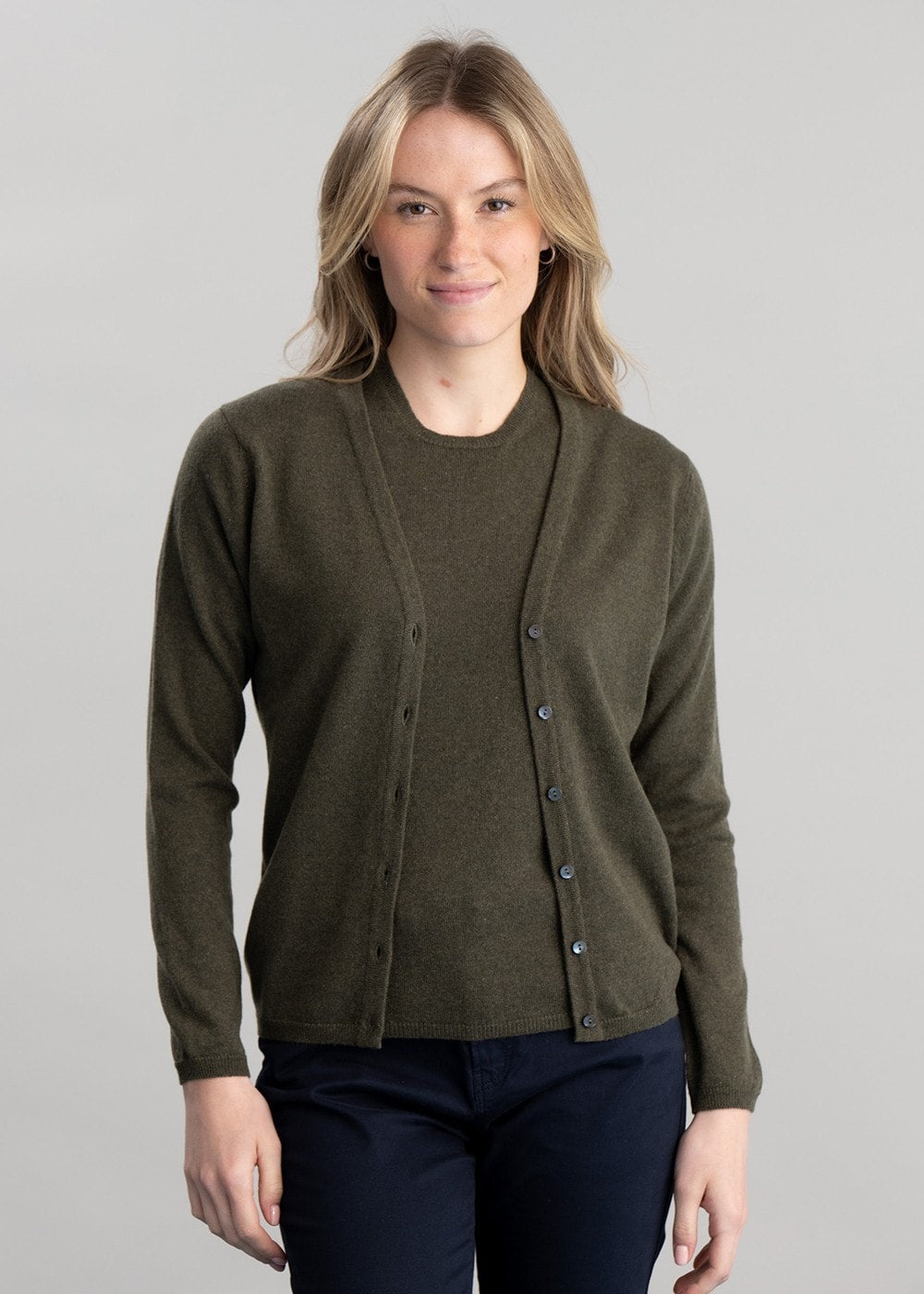 Millie Cashmere Vee Cardigan - Loden Mix - 1