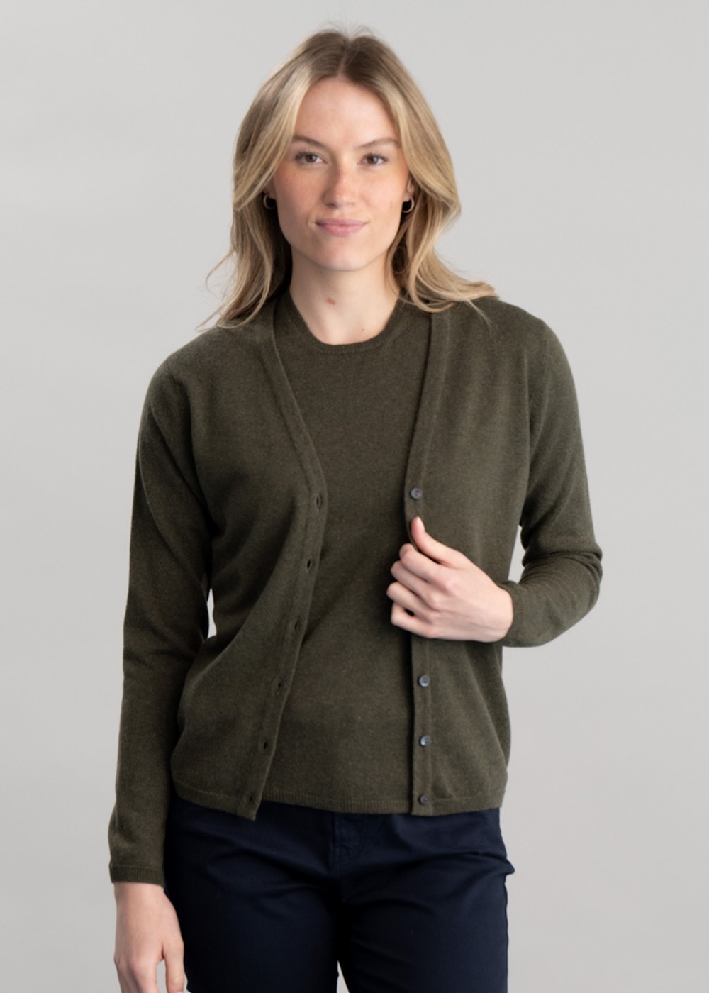 Millie Cashmere Vee Cardigan - Loden Mix - 2