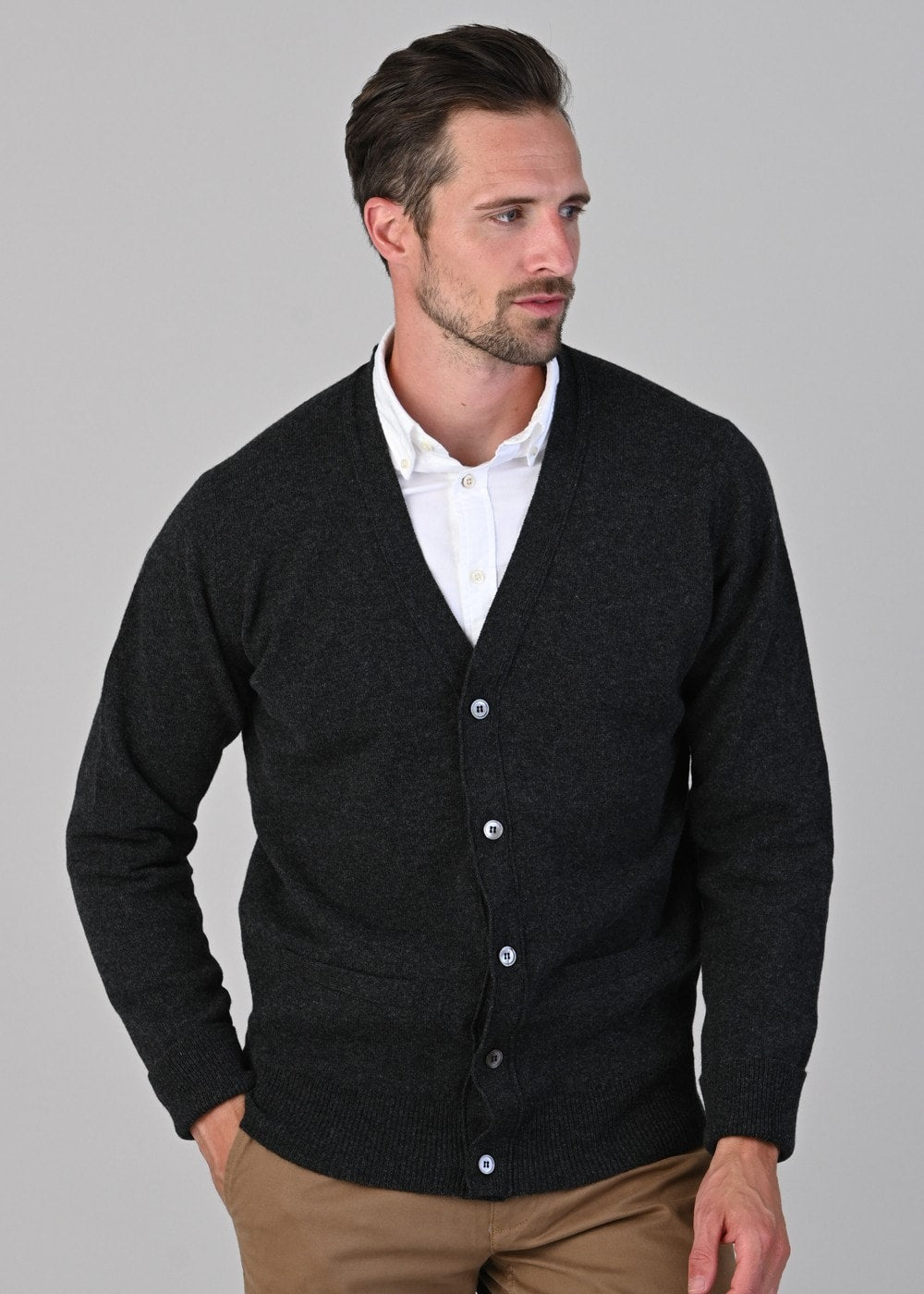 Rob 2 Ply Lambswool Cardigan - Charcoal - 2