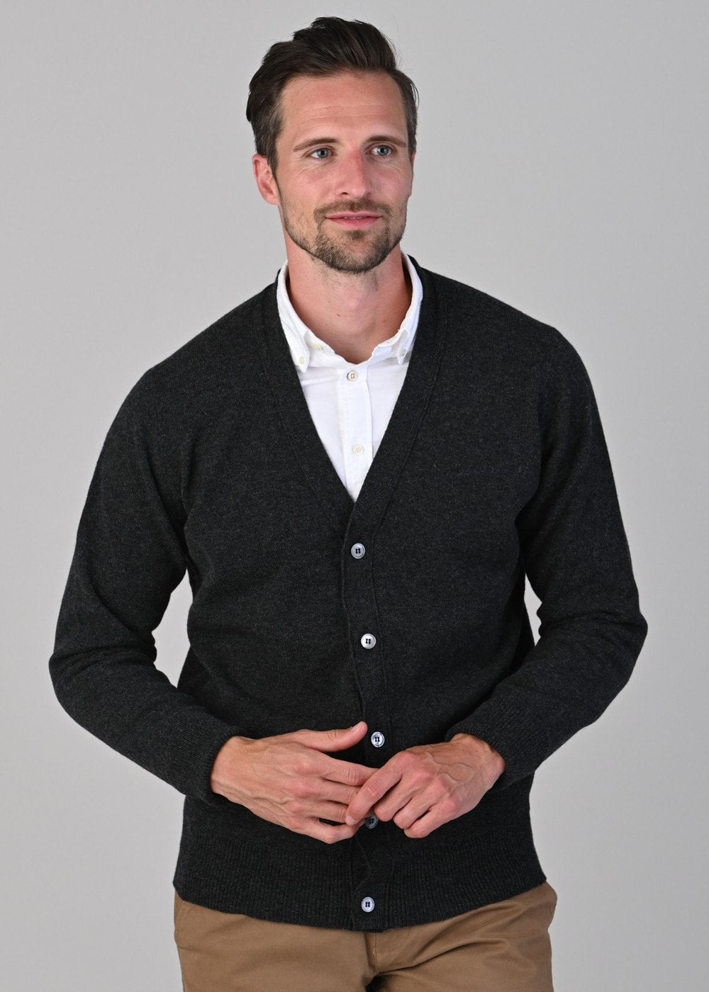 Rob 2 Ply Lambswool Cardigan - Charcoal - 3