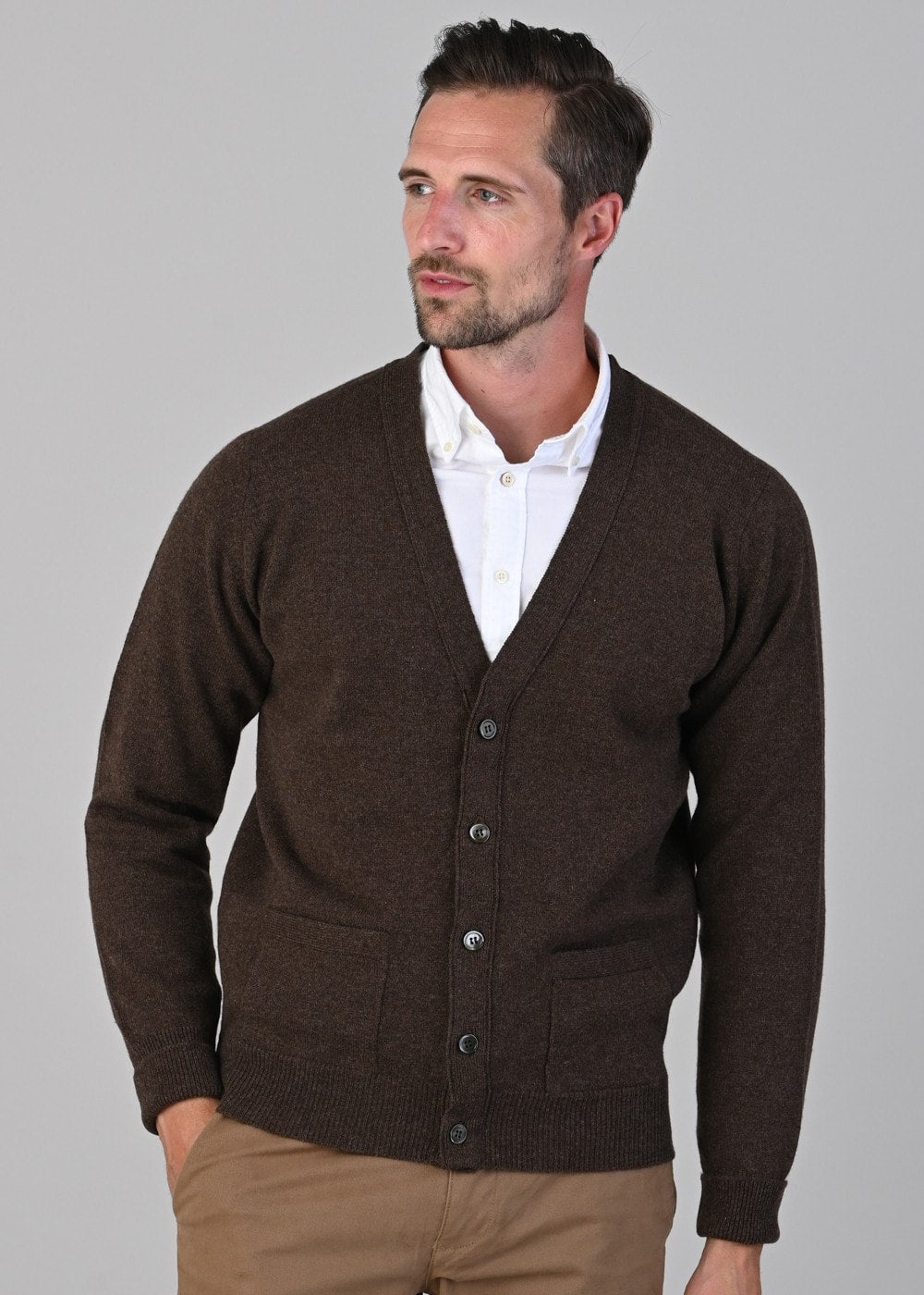 Rob 2 Ply Lambswool Cardigan - Mocha - 2