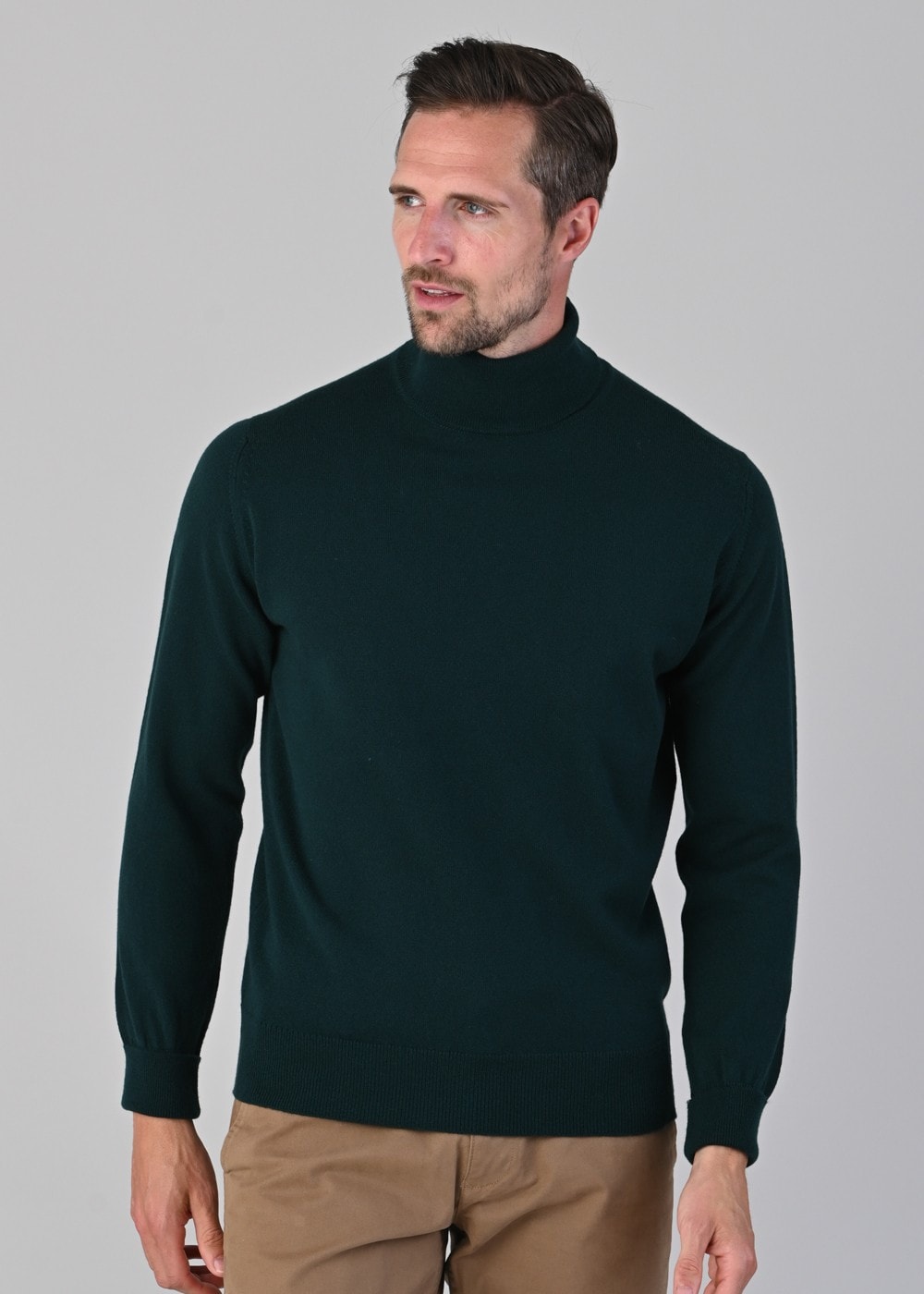 Oxton 1 Ply Cashmere Roll Neck - Bottle Green - 3