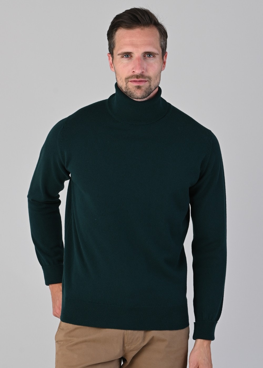 Oxton 1 Ply Cashmere Roll Neck - Bottle Green - 4