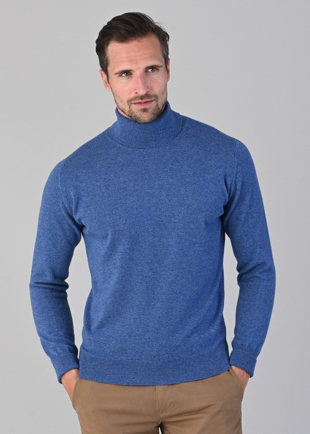 Oxton 1 Ply Cashmere Roll Neck - Lapis - 3