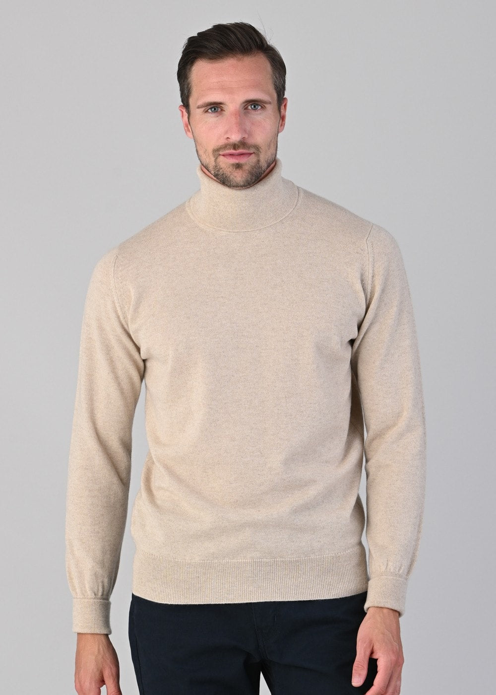 Oxton 1 Ply Cashmere Roll Neck - Linen - 2