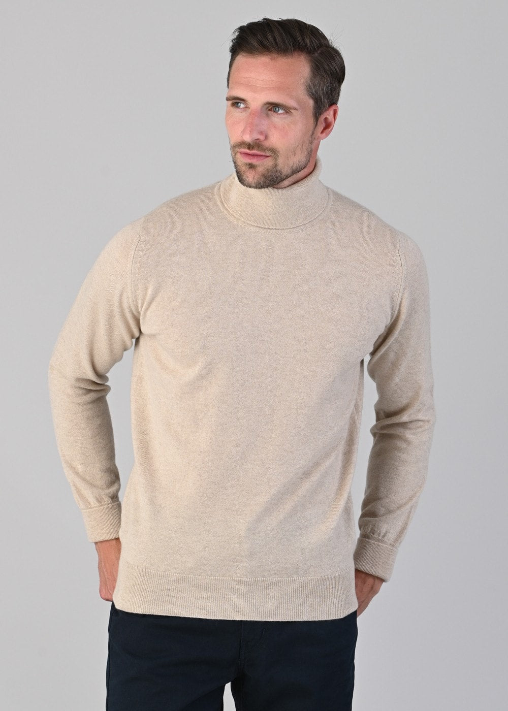 Oxton 1 Ply Cashmere Roll Neck - Linen - 4