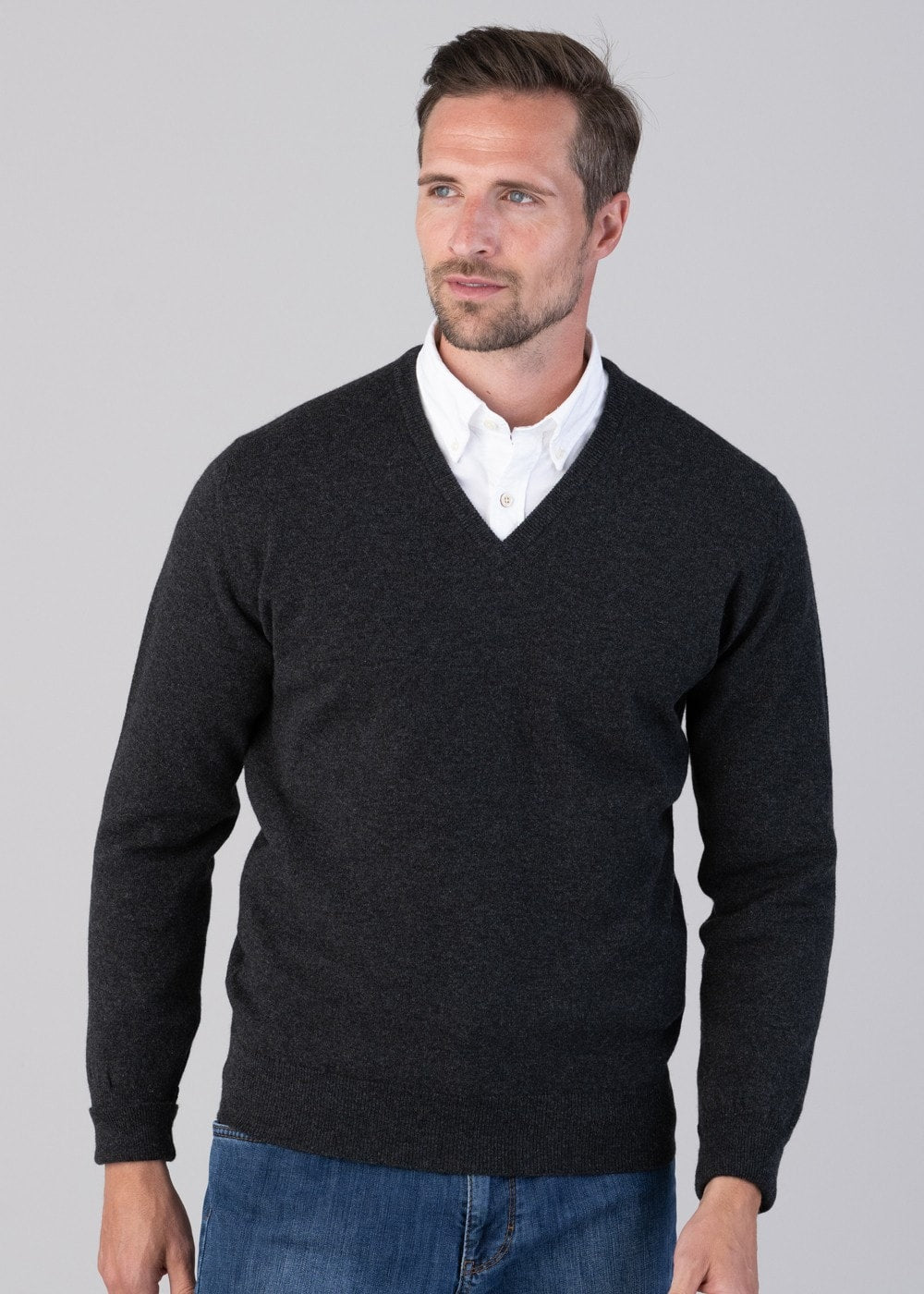 Oxton 1 Ply Cashmere V-Neck - Charcoal - 2