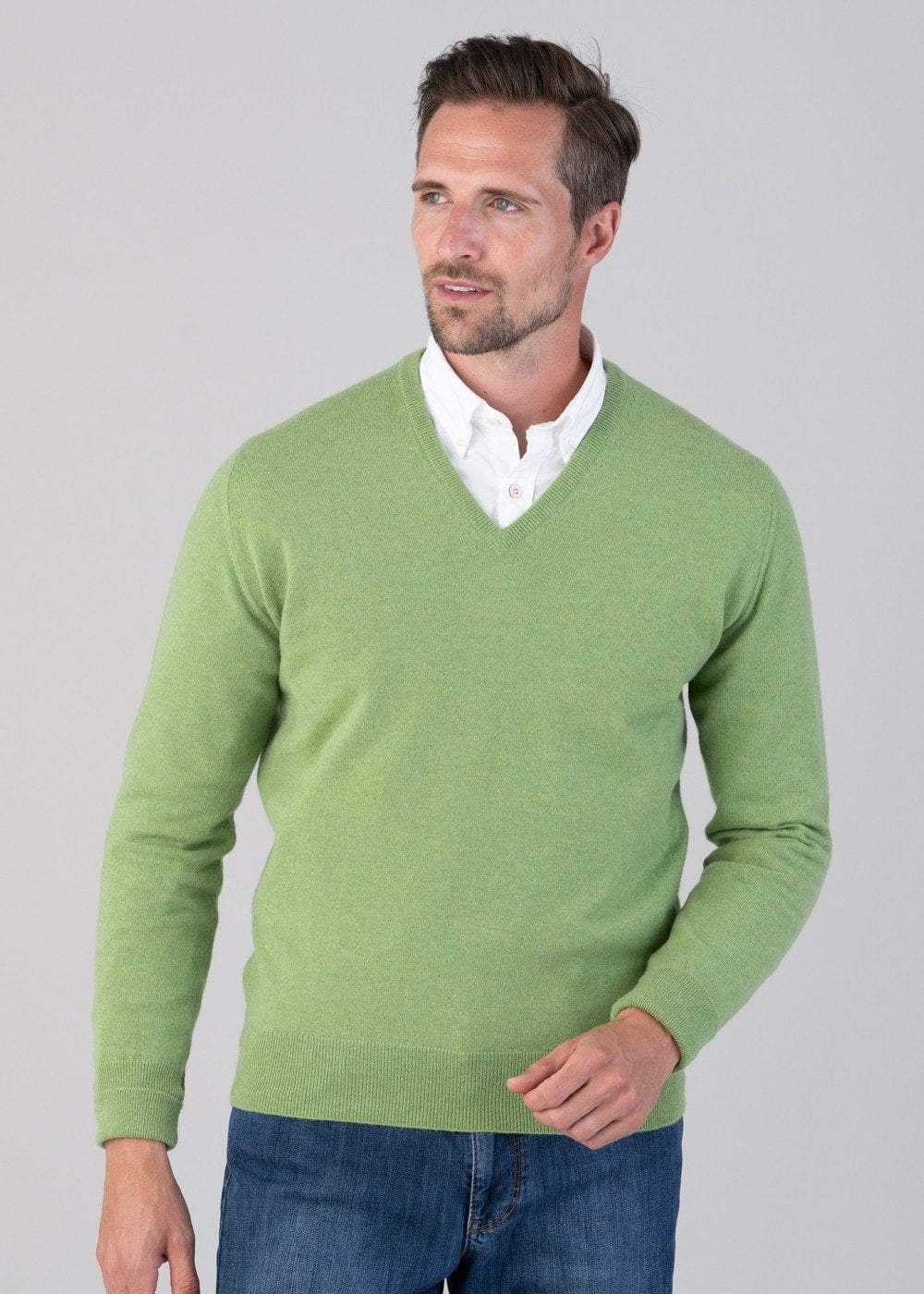 Oxton 1 Ply Cashmere V-Neck - Foliage - 3