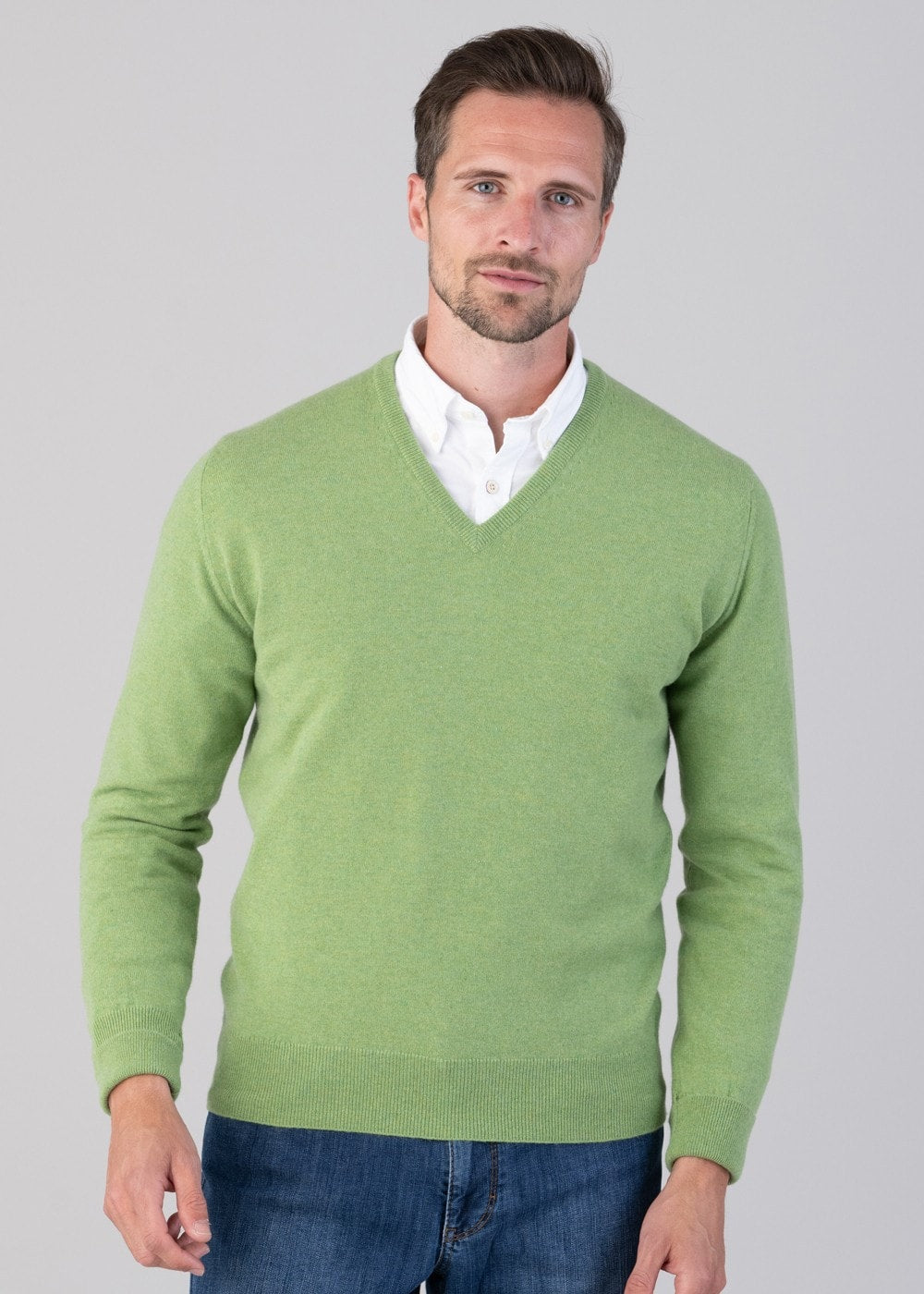 Oxton 1 Ply Cashmere V-Neck - Foliage - 4