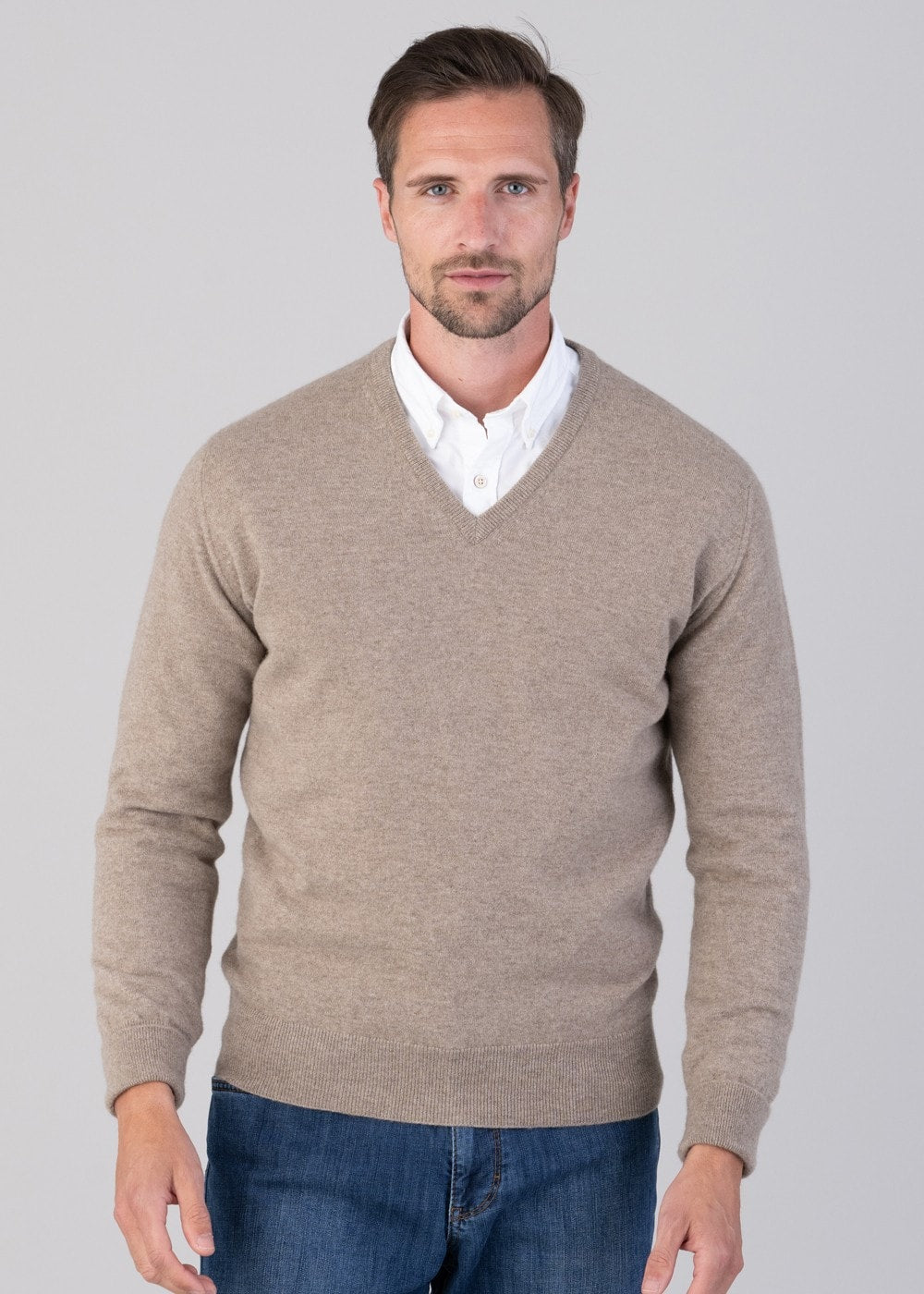 Oxton 1 Ply Cashmere V-Neck - Dark Natural - 2