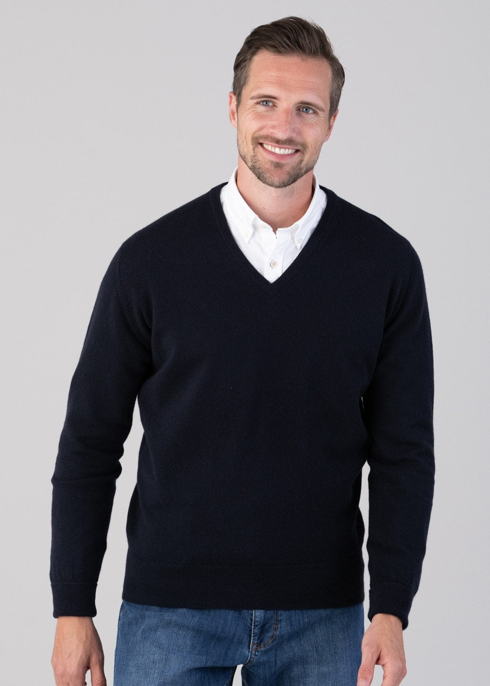 Oxton 1 Ply Cashmere V-Neck - Navy - 2