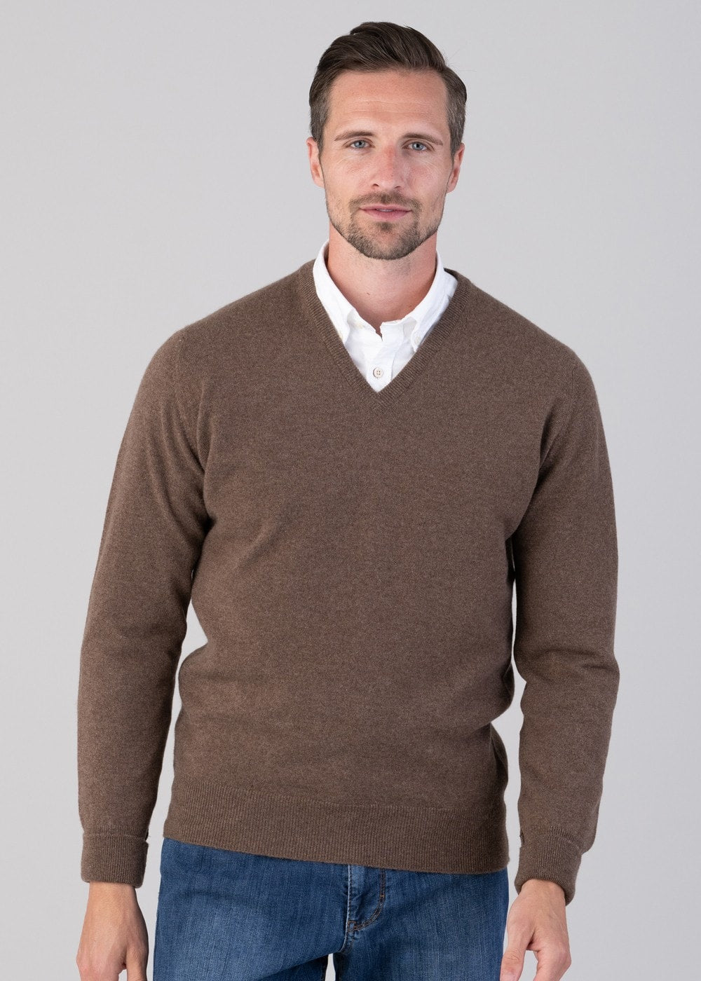 Oxton 1 Ply Cashmere V-Neck - Mocha - 2