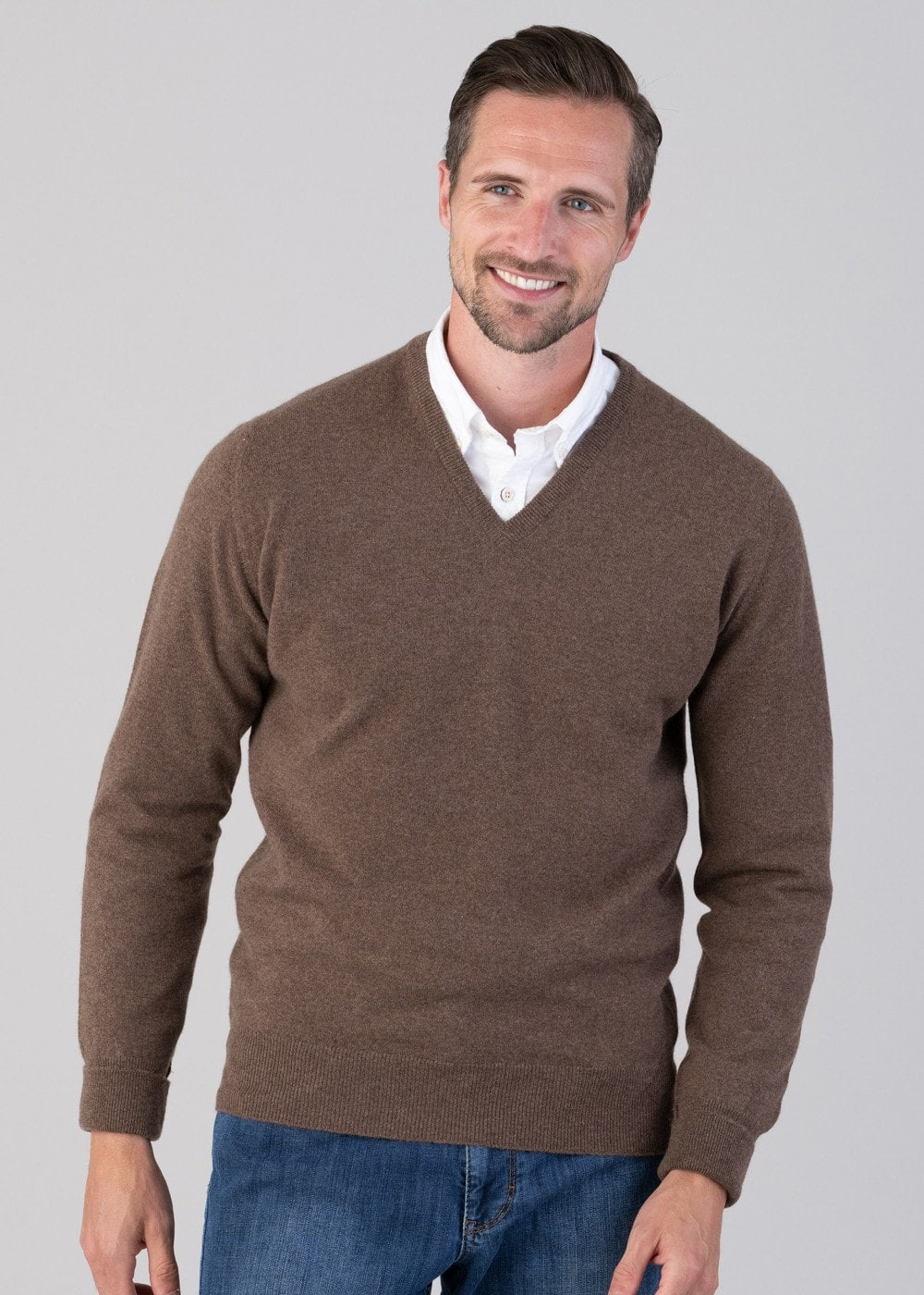 Oxton 1 Ply Cashmere V-Neck - Mocha - 4