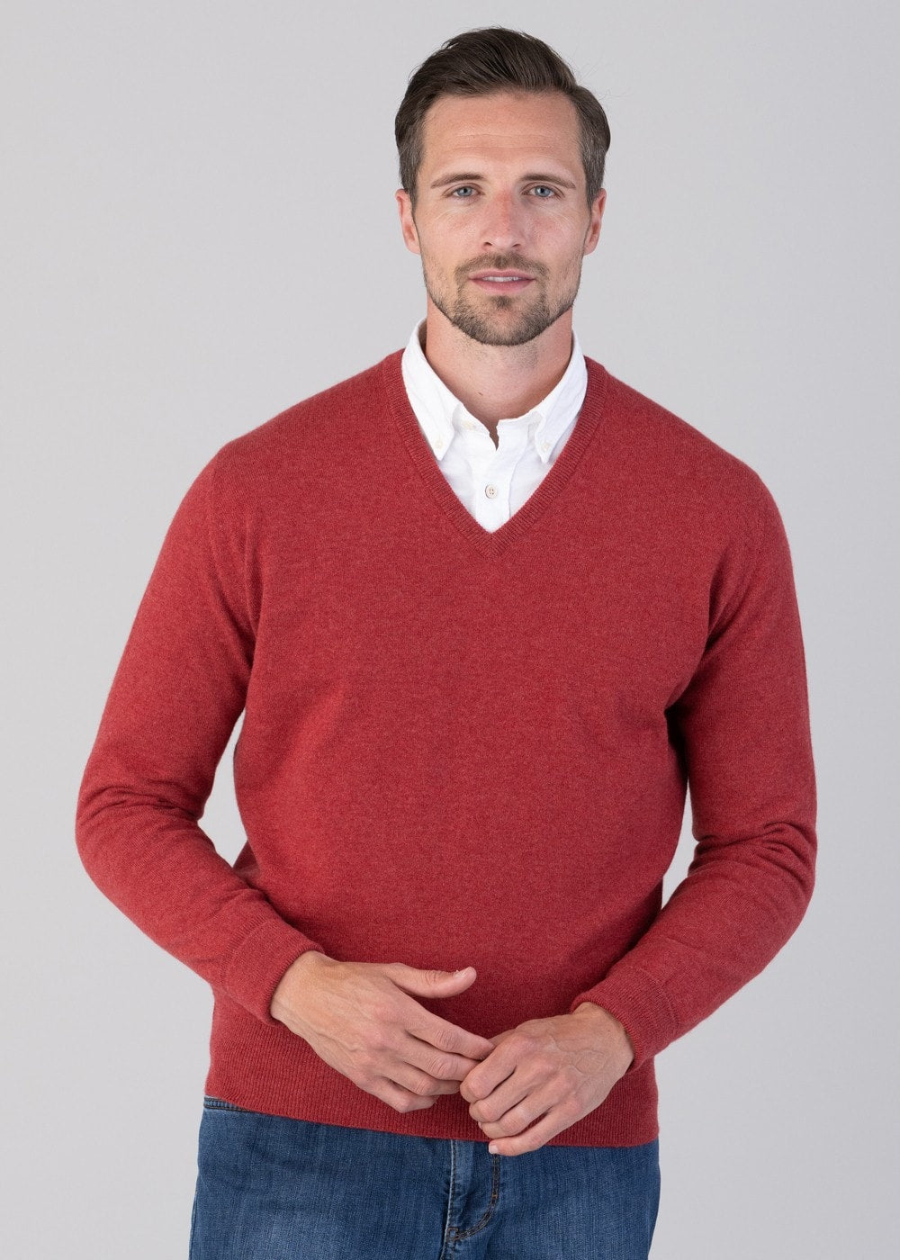 Oxton 1 Ply Cashmere V-Neck - Poppy Mel - 3