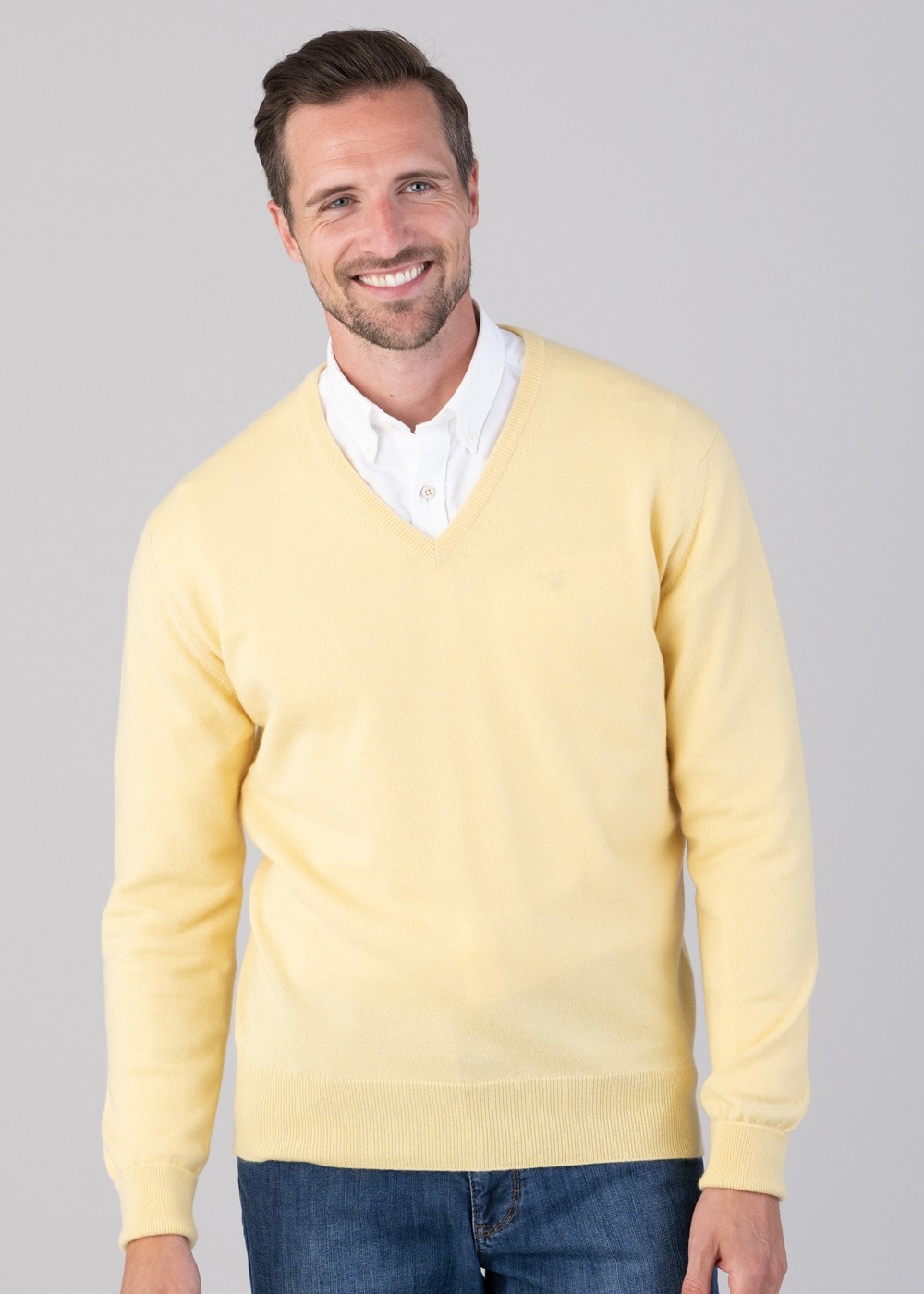 Oxton 1 Ply Cashmere V-Neck - Lemon Frost - 3