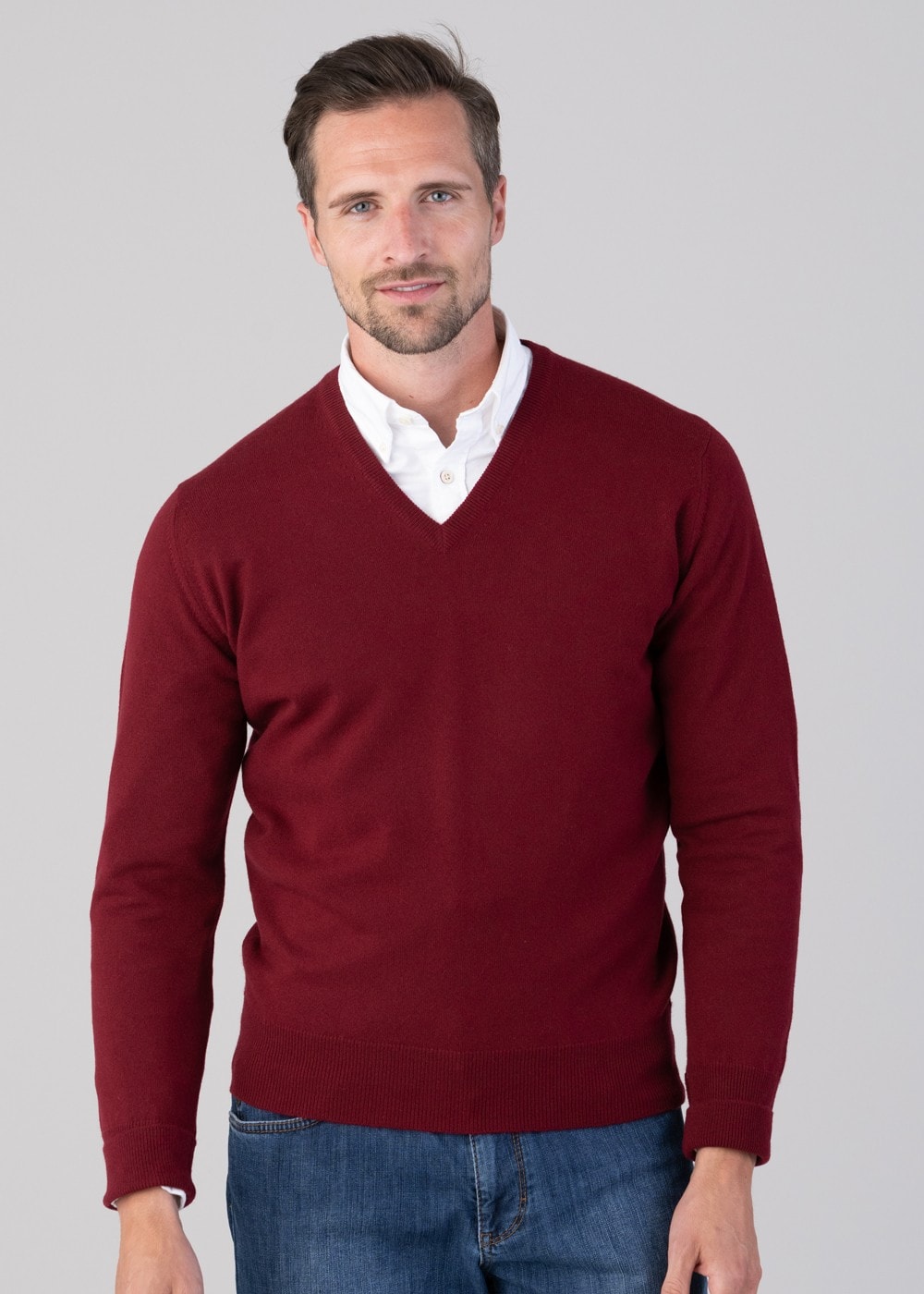 Oxton 1 Ply Cashmere V-Neck - Claret - 2