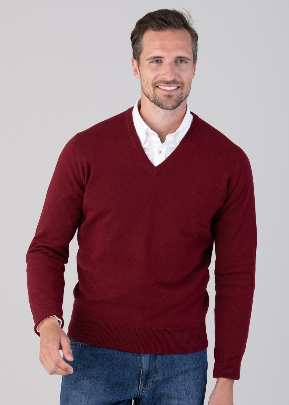 Oxton 1 Ply Cashmere V-Neck - Claret - 3