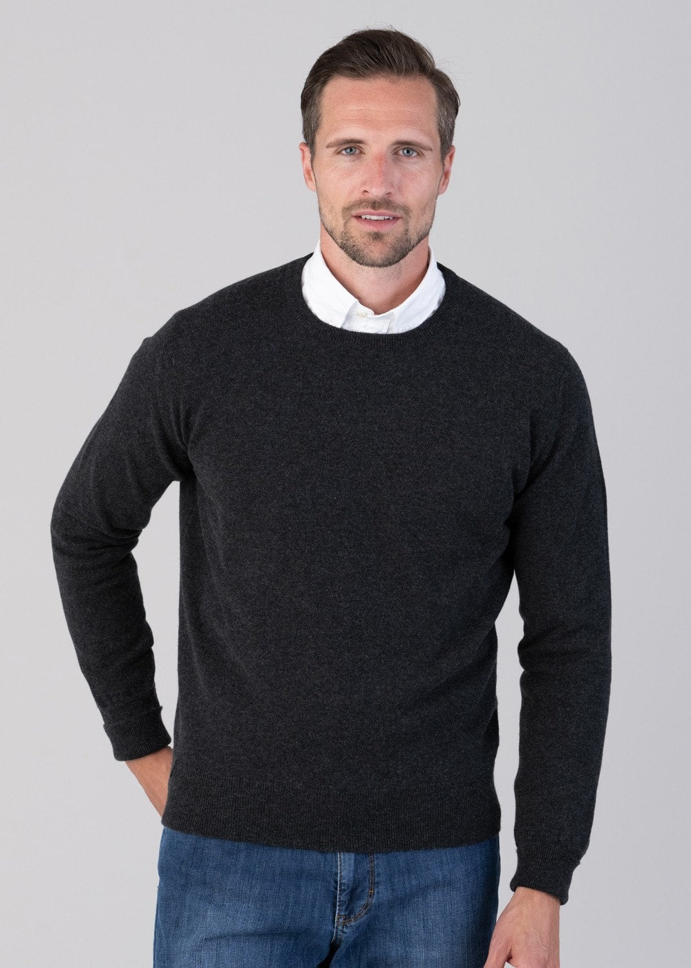 Oxton 1 Ply Cashmere Crew Neck - Charcoal - 3