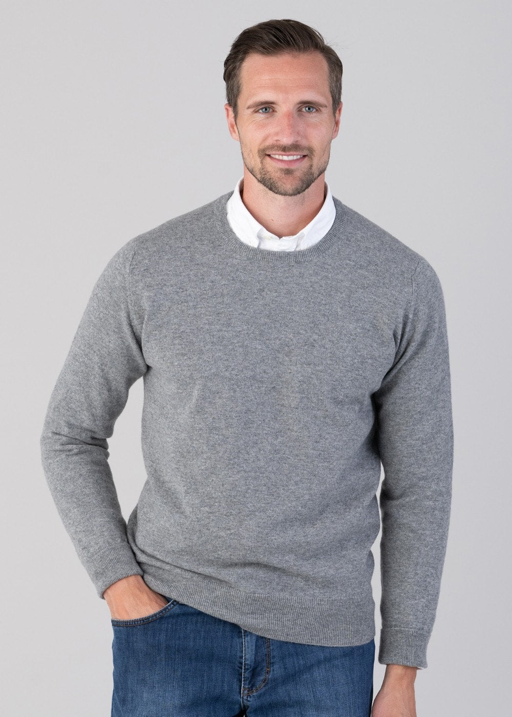 Oxton 1 Ply Cashmere Crew Neck - Flannel - 4