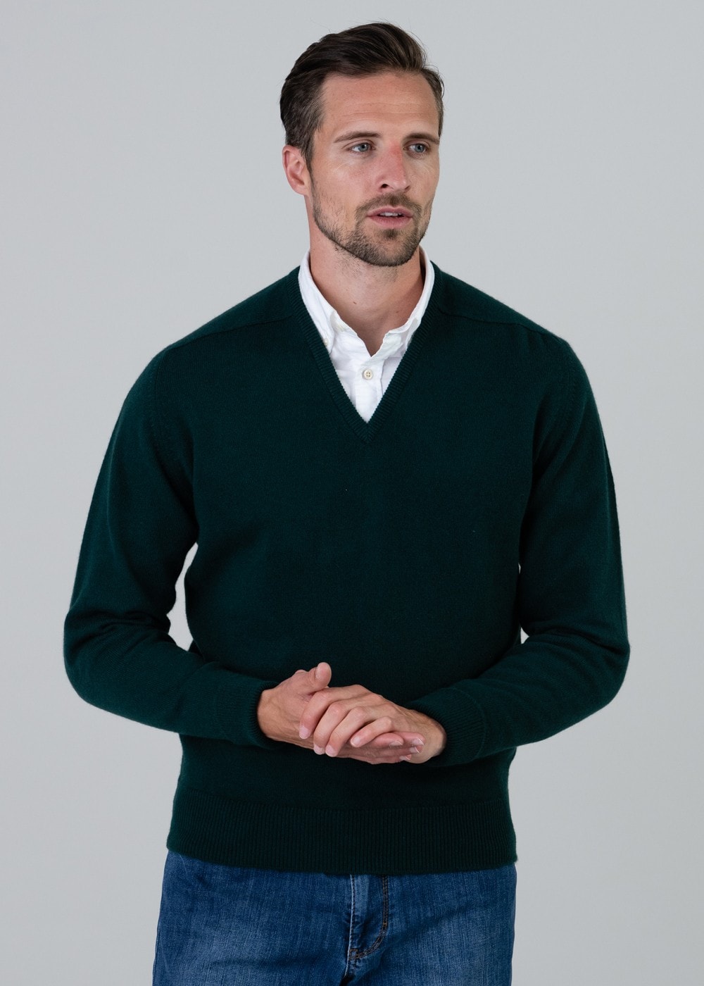 Melrose 2 Ply Cashmere V-Neck - Bottle Green - 3