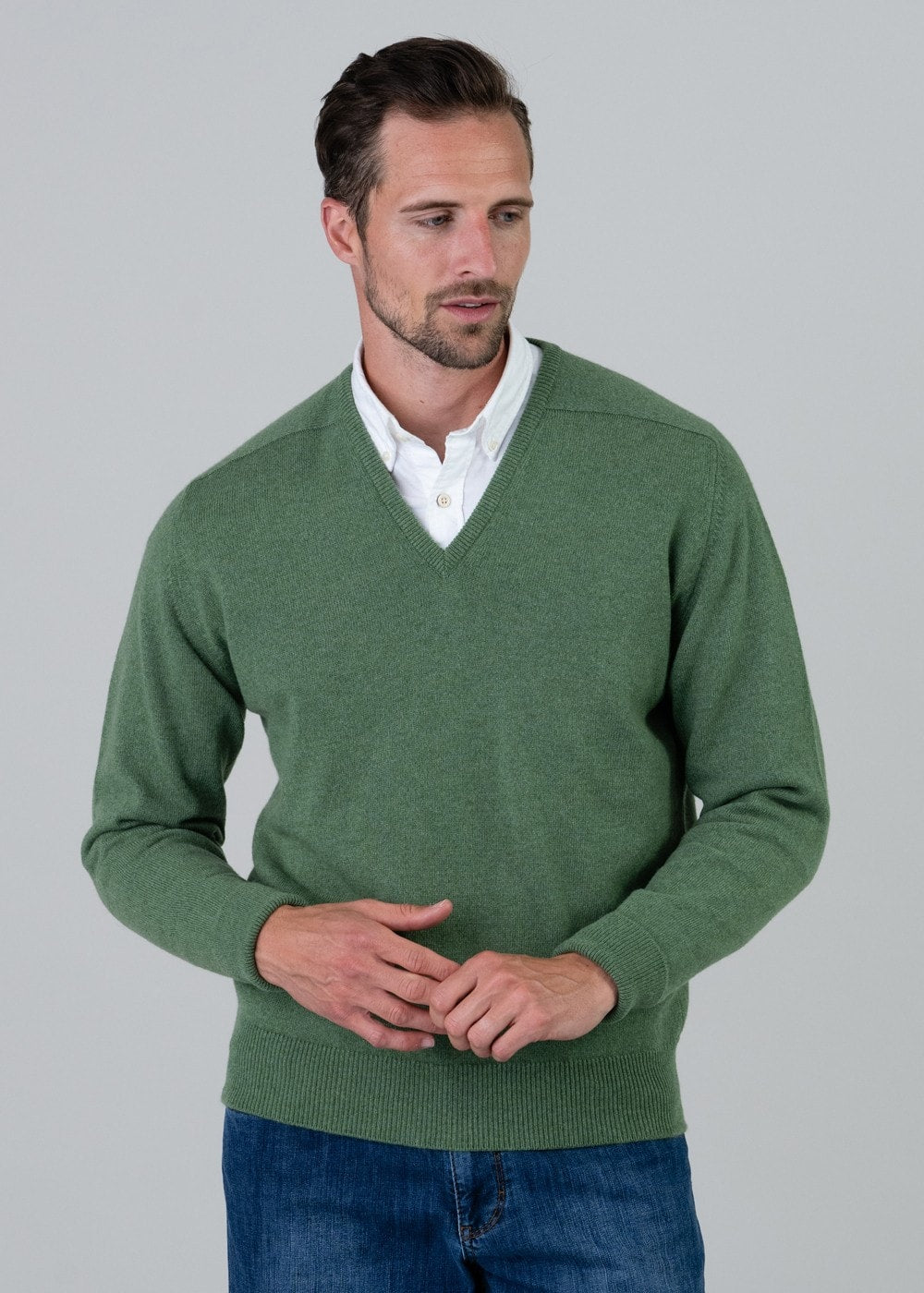 Melrose 2 Ply Cashmere V-Neck - Green Mix - 4