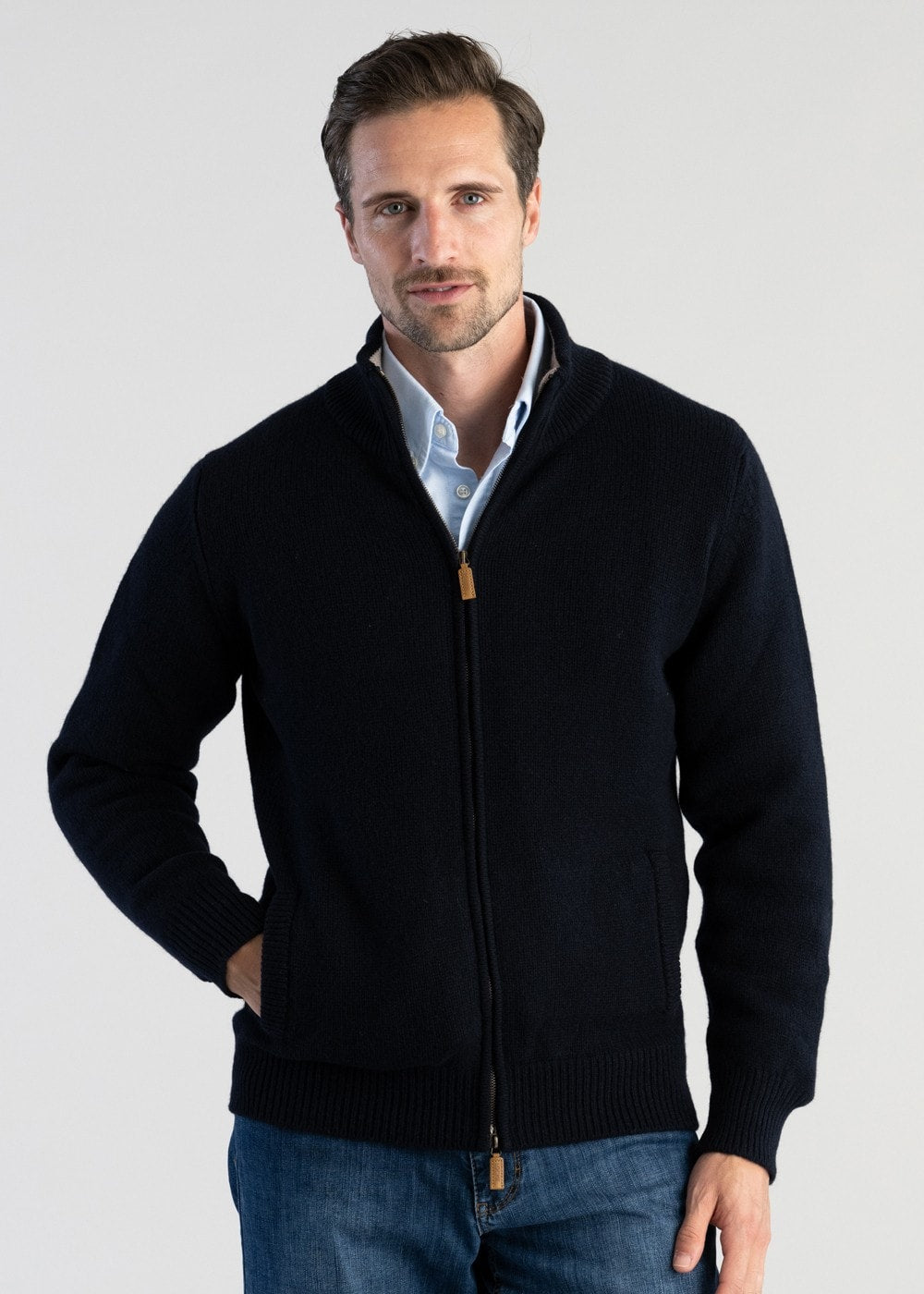 Lambswool 4 Ply Plain Jacket - Navy with Cobble - 3