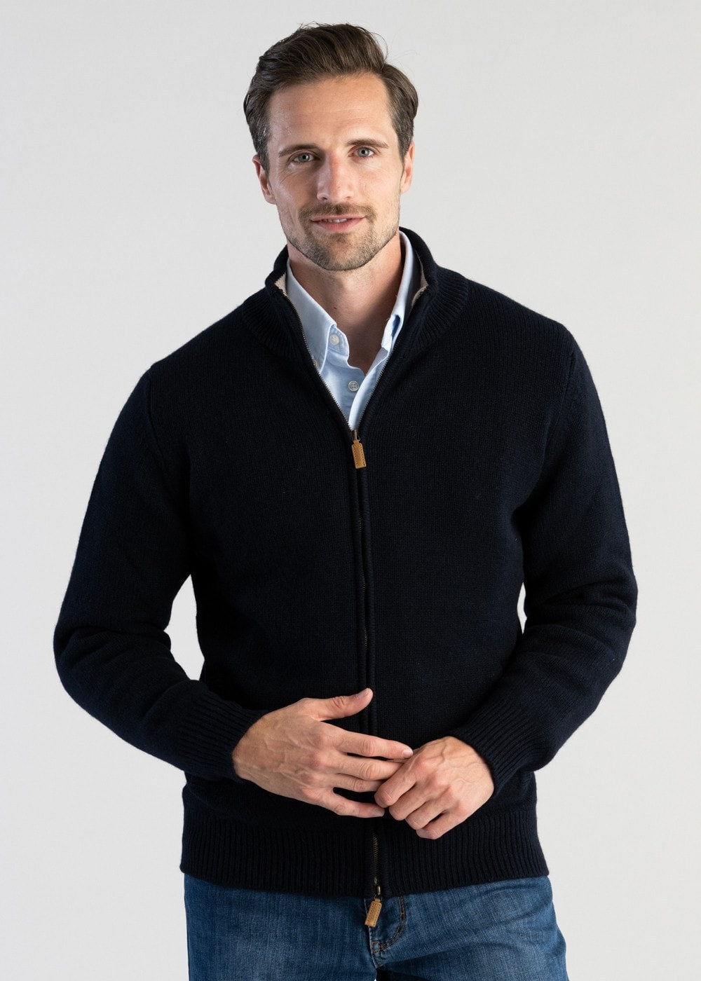 Lambswool 4 Ply Plain Jacket - Navy with Cobble - 4