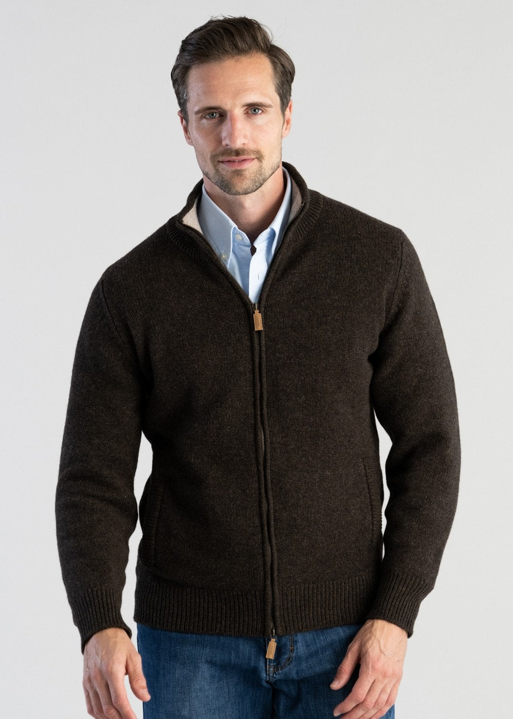 Lambswool 4 Ply Plain Jacket - Cocoa with Cobble - 2