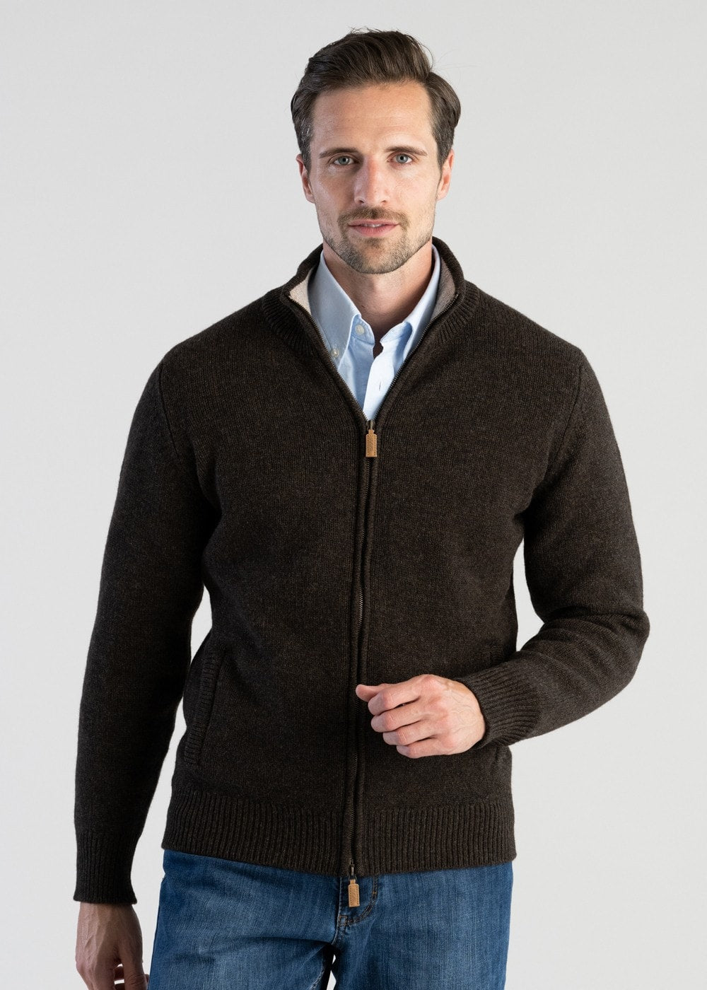 Lambswool 4 Ply Plain Jacket - Cocoa with Cobble - 3